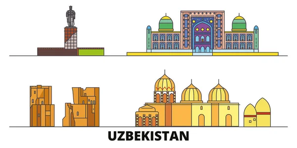 Векторная иллюстрация плоских ориентиров Узбекистана. Узость города с известными туристическими достопримечательностями, горизонтом, дизайном . — стоковый вектор