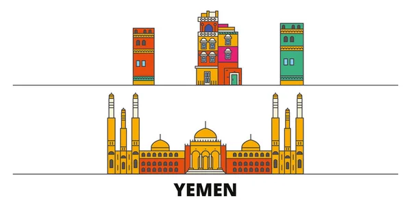 예멘 사 나 플랫 랜드마크 벡터 일러스트 레이 션. 예멘, 유명한 여행 명소, 스카이 라인, 디자인 사 나 선 시. — 스톡 벡터