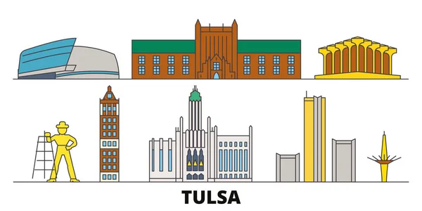 Stati Uniti, Tulsa flat landmarks vector illustration. Stati Uniti, Tulsa line city con famose attrazioni turistiche, skyline, design . — Vettoriale Stock