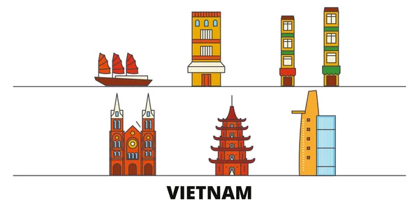 Vietnam hito plano vector ilustración. Vietnam línea de la ciudad con lugares de interés turístico famosos, horizonte, diseño . — Vector de stock