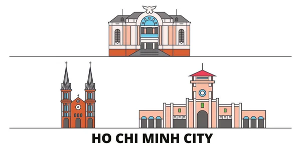 Vietnam, Ho Chi Minh City flat landmarks vector illustration. Vietnam, Ho Chi Minh Ciudad línea de la ciudad con lugares de interés turístico famosos, horizonte, diseño . — Vector de stock
