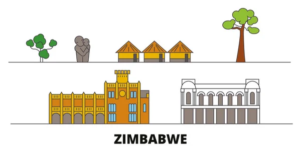Zimbabwe hito plano vector ilustración. Zimbabue línea de la ciudad con lugares de interés turístico famosos, horizonte, diseño . — Vector de stock