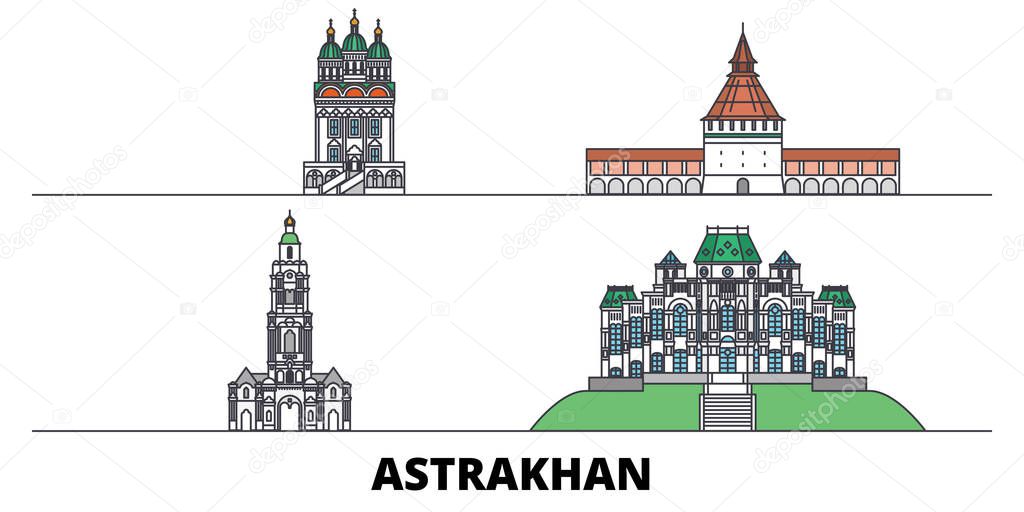 Russia, Astrakhan flat landmarks vector illustration. Russia, Astrakhan line city with famous travel sights, skyline, design. 