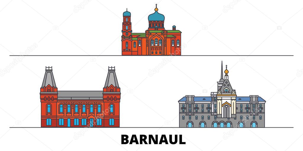 Russia, Barnaul flat landmarks vector illustration. Russia, Barnaul line city with famous travel sights, skyline, design. 