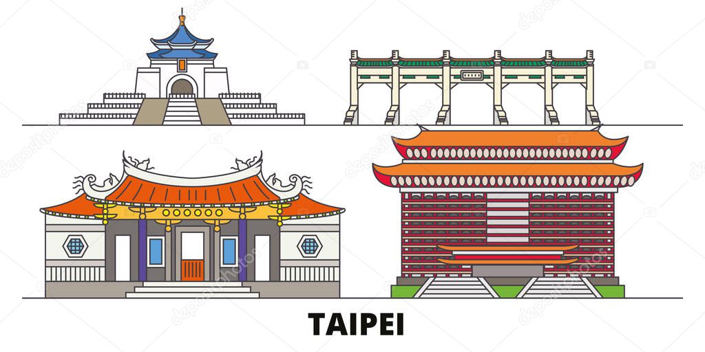 Taiwan, Taipei flat landmarks vector illustration. Taiwan, Taipei line city with famous travel sights, skyline, design. 