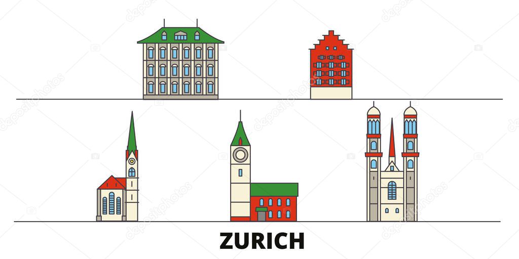 Switzerland, Zurich flat landmarks vector illustration. Switzerland, Zurich line city with famous travel sights, skyline, design. 