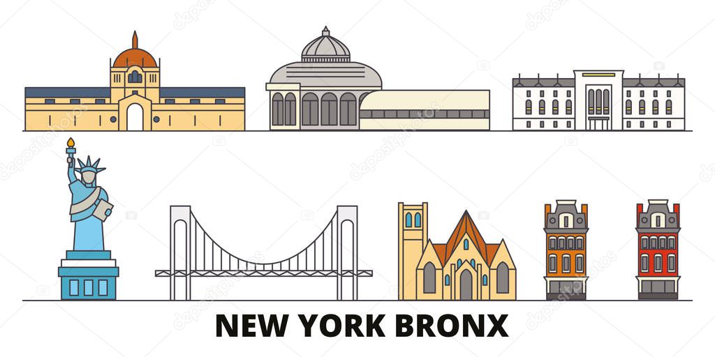 United States, New York Bronx flat landmarks vector illustration. United States, New York Bronx line city with famous travel sights, skyline, design. 