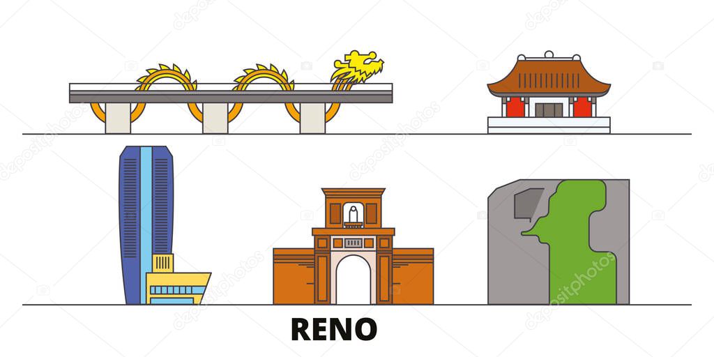 Vietnam, Reno, Danang flat landmarks vector illustration. Vietnam, Reno, Danang line city with famous travel sights, skyline, design. 