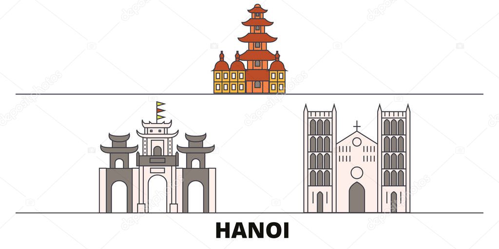 Vietnam, Hanoi flat landmarks vector illustration. Vietnam, Hanoi line city with famous travel sights, skyline, design. 