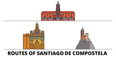 Fransa, güzergah Santiago De Compostela simge vektör çizim düz. Fransa, Santiago De Compostela güzergah hat şehir ünlü seyahat yerler, manzarası, tasarım ile. 