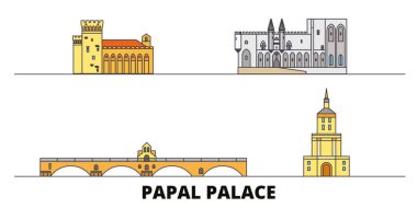 Fransa, Papalık Sarayı, piskoposluk Ensemble Avignon Köprüsü düz yerlerinden illüstrasyon vektör. Fransa, Papalık Sarayı, piskoposluk Ensemble Avignon Köprüsü şehir ünlü seyahat yerler, manzarası, tasarım ile line