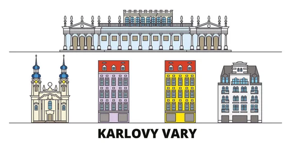 República Checa, Karlovy Vary plana monumentos vector ilustración. República Checa, Karlovy Vary ciudad línea con lugares de interés turístico famosos, horizonte, diseño . — Vector de stock