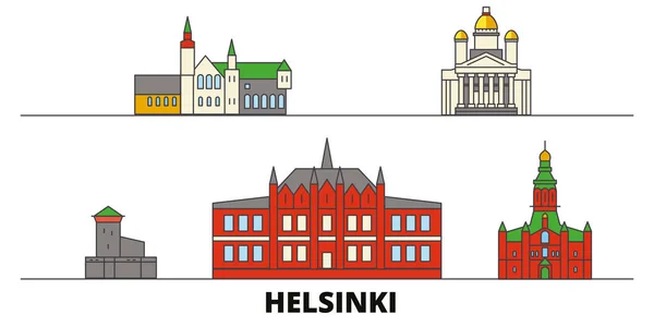 Finsko, Helsinky ploché památky vektorové ilustrace. Finsko, Helsinky Linka město s slavných cestovních památky, Panorama, design. — Stockový vektor