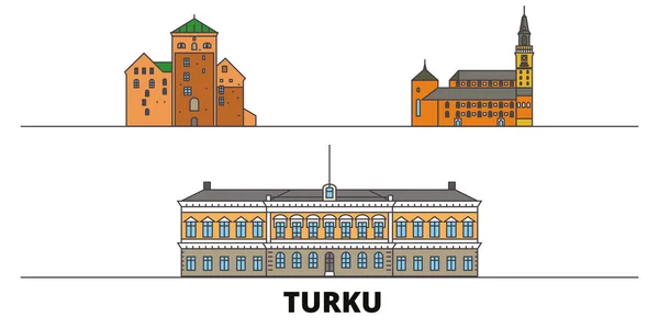 फिनलंड, तुर्कू फ्लॅट लँडमार्क वेक्टर स्पष्टीकरण. फिनलंड, प्रसिद्ध प्रवास दृश्ये, क्षैतिज, डिझाइनसह तुर्कू ओळ शहर . — स्टॉक व्हेक्टर