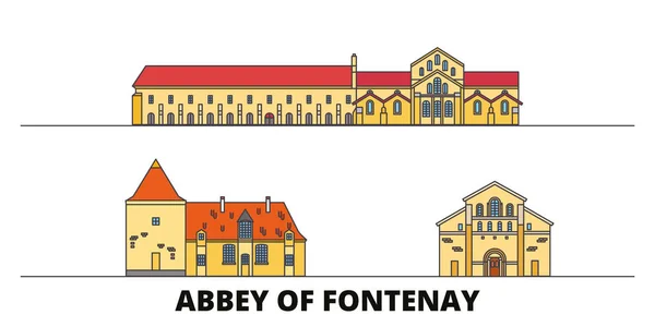 France, Abbey Of Fontenay flat landmarks vector illustration. Francia, Abadía de Fontenay ciudad línea con lugares de interés turístico famosos, horizonte, diseño . — Archivo Imágenes Vectoriales