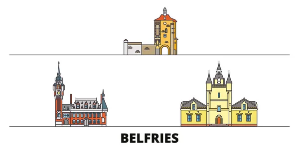Francia, Belfries plana monumentos vector ilustración. Francia, Belfries line city con lugares de interés turístico famosos, horizonte, diseño . — Archivo Imágenes Vectoriales