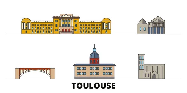 Francia, Toulouse plana monumentos vector ilustración. Francia, Toulouse ciudad con lugares de interés turístico famosos, horizonte, diseño . — Vector de stock