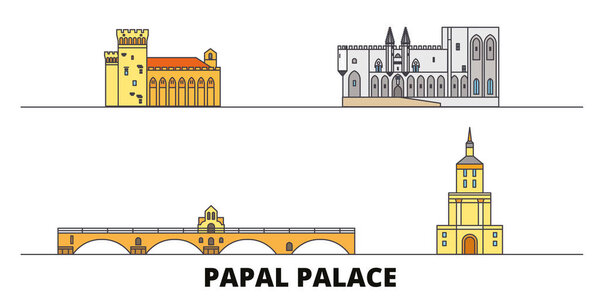 France,Papal Palace, Episcopal Ensemble Avignon Bridge flat landmarks vector illustration. France,Papal Palace, Episcopal Ensemble Avignon Bridge line city with famous travel sights, skyline, design