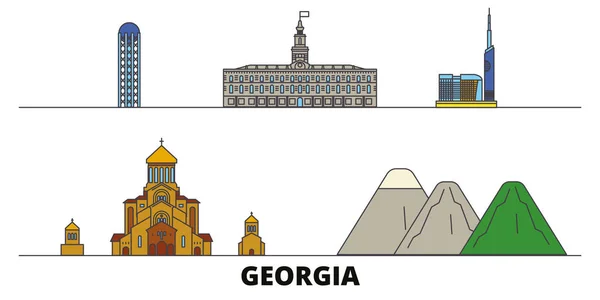 Georgien flache Landmarken Vektorillustration. Georgien Linie Stadt mit berühmten Sehenswürdigkeiten, Skyline, Design. — Stockvektor