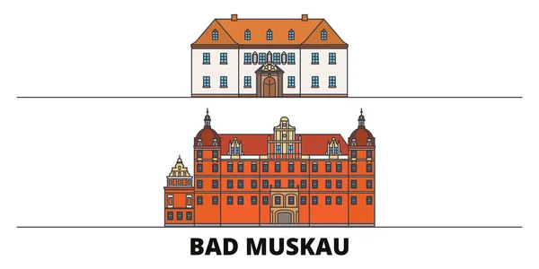 德国, 坏 Muskau 平地标向量例证。德国, Bad Muskau 线城市与著名的旅游景点, 天际线, 设计. — 图库矢量图片