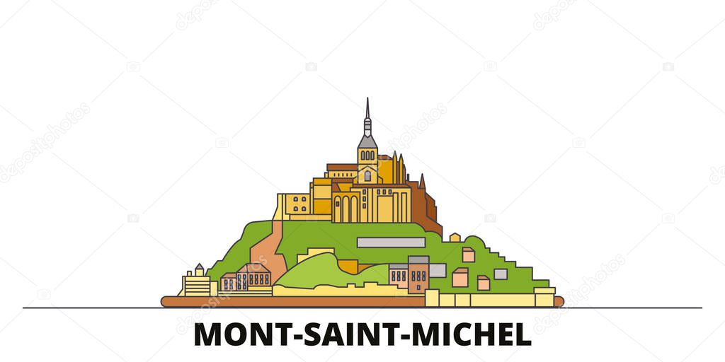 France, Mont Saint Michel And Its Bay flat landmarks vector illustration. France, Mont Saint Michel And Its Bay line city with famous travel sights, skyline, design. 