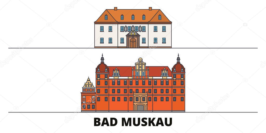 Germany, Bad Muskau flat landmarks vector illustration. Germany, Bad Muskau line city with famous travel sights, skyline, design. 