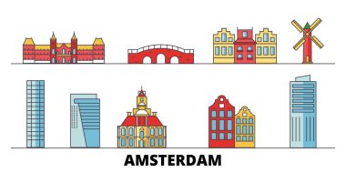 Hollanda, Amsterdam City düz yerlerinden illüstrasyon vektör. Hollanda, Amsterdam City hattı şehir ünlü seyahat yerler, manzarası, tasarım ile. 