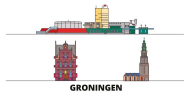 Hollanda, Groningen simge vektör çizim düz. Hollanda, Groningen satır şehir ünlü seyahat yerler, manzarası, tasarım ile. 