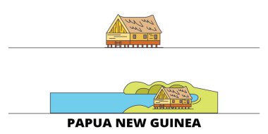 Papua Yeni Gine düz yerlerinden illüstrasyon vektör. Papua Yeni Gine satır şehir ünlü seyahat yerler, manzarası, tasarım ile. 