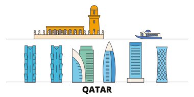 Katar, Doha simge vektör çizim düz. Katar, Doha satır şehir ünlü seyahat yerler, manzarası, tasarım ile. 