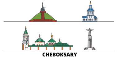 Cheboksary, Rusya simge vektör çizim düz. Rusya, Cheboksary satır şehir ünlü seyahat yerler, manzarası, tasarım ile. 