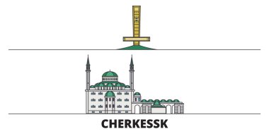 Rusya, Cherkessk düz yerlerinden illüstrasyon vektör. Rusya, Cherkessk çizgi şehir ünlü seyahat yerler, manzarası, tasarım ile. 