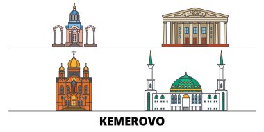 Rusya, Kemerovo simge vektör çizim düz. Rusya, Kemerovo satır şehir ünlü seyahat yerler, manzarası, tasarım ile. 
