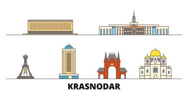 Rusya, Kransodar şehir düz yerlerinden illüstrasyon vektör. Rusya, Kransodar çizgi kenti ile ünlü seyahat yerler, manzarası, tasarım. 