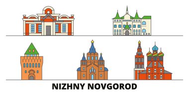 Rusya, Nizhny Novgorod düz yerlerinden illüstrasyon vektör. Rusya, Nizhny Novgorod satır şehir ünlü seyahat yerler, manzarası, tasarım ile. 