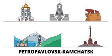 Rusya, Petropavlovsk Kamchatsk simge vektör çizim düz. Rusya, Petropavlovsk Kamchatsk satır şehir ünlü seyahat yerler, manzarası, tasarım ile. 