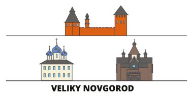 Rusya, Veliki Novgorod düz yerlerinden illüstrasyon vektör. Rusya, Veliki Novgorod satır şehir ünlü seyahat yerler, manzarası, tasarım ile. 