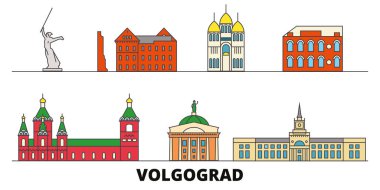Rusya, Volgograd simge vektör çizim düz. Rusya, Volgograd satır şehir ünlü seyahat yerler, manzarası, tasarım ile. 