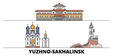 Rusya, Yuzhno Sakhalinsk düz yerlerinden illüstrasyon vektör. Rusya, Yuzhno Sakhalinsk satır şehir ünlü seyahat yerler, manzarası, tasarım ile. 