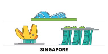Singapur düz yerlerinden illüstrasyon vektör. Singapur satır şehir ünlü seyahat yerler, manzarası, tasarım ile. 