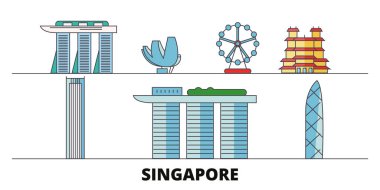 Singapur şehir düz yerlerinden illüstrasyon vektör. Singapur şehir hattı şehir ünlü seyahat yerler, manzarası, tasarım ile. 