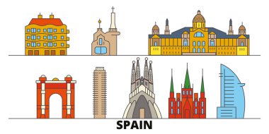 İspanya, Barcelona simge vektör çizim düz. İspanya, Barcelona satır şehir ünlü seyahat yerler, manzarası, tasarım ile. 