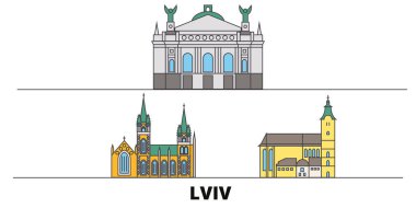 Ukrayna, Lviv düz yerlerinden illüstrasyon vektör. Ukrayna, Lviv satır şehir ünlü seyahat yerler, manzarası, tasarım ile. 