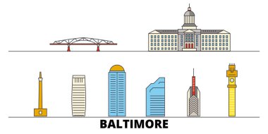 Amerika Birleşik Devletleri, Baltimore düz yerlerinden illüstrasyon vektör. Amerika Birleşik Devletleri, Baltimore satır şehir ünlü seyahat yerler, manzarası, tasarım ile. 