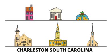 Amerika Birleşik Devletleri, Charleston Güney Carolina düz yerlerinden illüstrasyon vektör. Amerika Birleşik Devletleri, Charleston Güney Carolina line şehir ünlü seyahat yerler, manzarası, tasarım ile. 