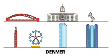 Amerika Birleşik Devletleri, Denver düz yerlerinden illüstrasyon vektör. Amerika Birleşik Devletleri, Denver satır şehir ünlü seyahat yerler, manzarası, tasarım ile. 