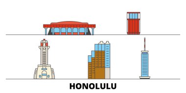Amerika Birleşik Devletleri, Honolulu düz yerlerinden illüstrasyon vektör. Amerika Birleşik Devletleri, Honolulu satır şehir ünlü seyahat yerler, manzarası, tasarım ile. 