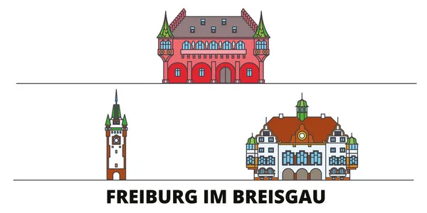 Deutschland, freiburg im breisgau flache landmarken vektorillustration. deutschland, freiburg im breisgau linienstadt mit berühmten reisesehenswürdigkeiten, skyline, design. — Stockvektor