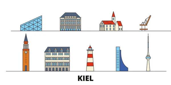 Alemania, Kiel plana monumentos vector ilustración. Alemania, ciudad de la línea de Kiel con lugares de interés turístico famosos, horizonte, diseño . — Vector de stock