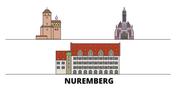 Alemania, Nuremberg plana monumentos vector ilustración. Alemania, Nuremberg ciudad línea con lugares de interés turístico famosos, horizonte, diseño . — Vector de stock
